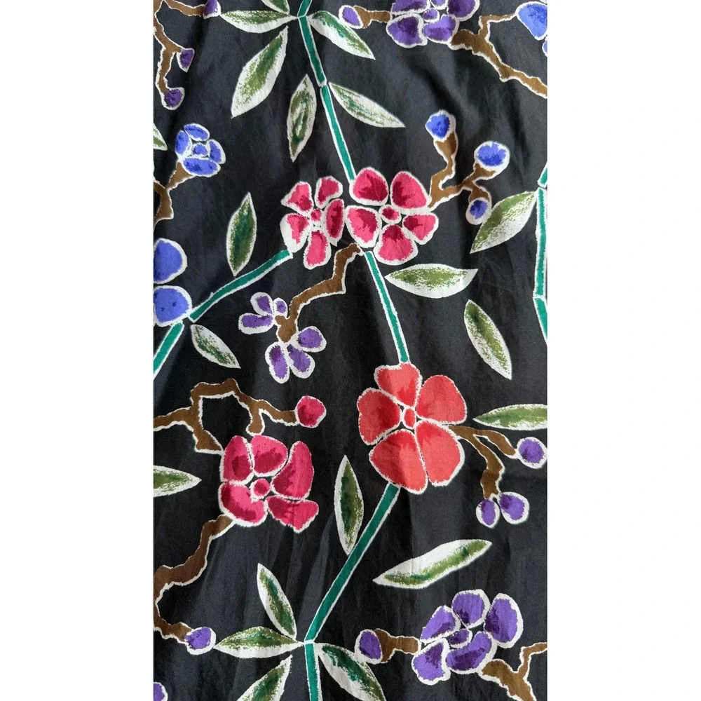 Vintage 100% Silk Floral Scarf Black Red Blue Botanical Rectangular
